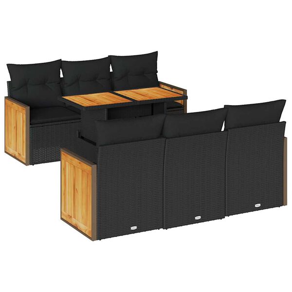 vidaXL 7-tlg. Garten-Sofagarnitur mit Kissen Schwarz Poly Rattan