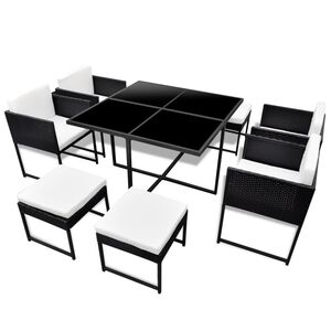 vidaXL 9-tlg. Garten-Essgruppe mit Kissen Poly Rattan Schwarz