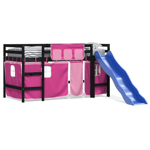 vidaXL Kinderhochbett mit Vorhängen Rosa 80x200 cm Massivholz Kiefer