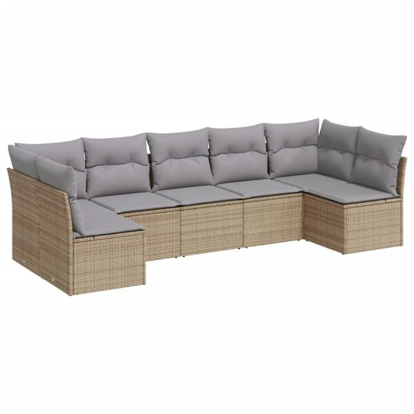 vidaXL 7-tlg. Garten-Sofagarnitur mit Kissen Beige Poly Rattan