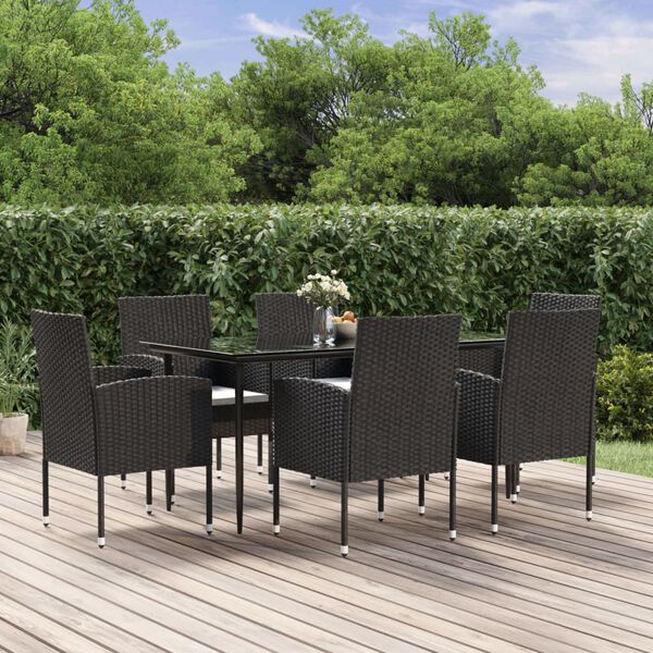vidaXL 7-tlg. Garten-Essgruppe mit Kissen Schwarz Poly Rattan