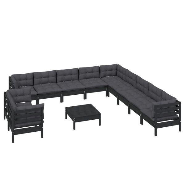 vidaXL 12-tlg. Garten-Lounge-Set mit Kissen Schwarz Massivholz Kiefer
