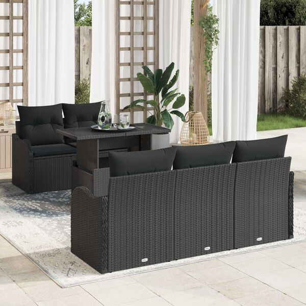 vidaXL Garten-Sofa-Set mit Kissen mit Kissen 6 pcs Schwarz Poly Rattan