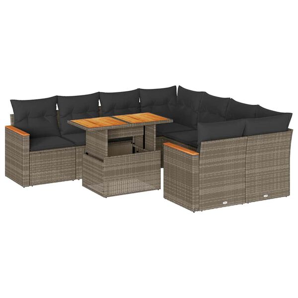 vidaXL 9-tlg. Garten-Sofagarnitur mit Kissen Grau Poly Rattan Akazie