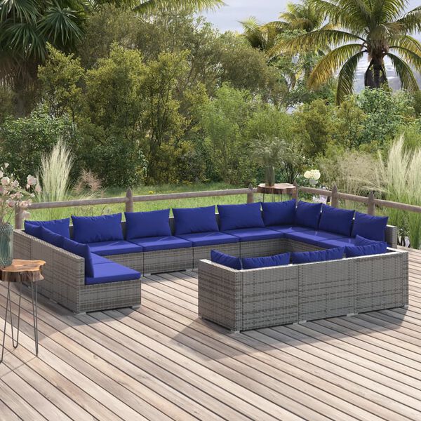 vidaXL 13-tlg. Garten-Lounge-Set mit Kissen Grau Poly Rattan