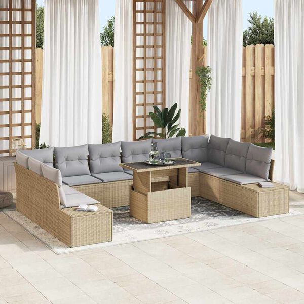 vidaXL Garten-Sofa-Set mit Speicher 11 pcs Beige Poly Rattan