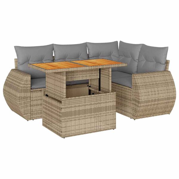 vidaXL 5-tlg. Garten-Sofagarnitur mit Kissen Beige Poly Rattan