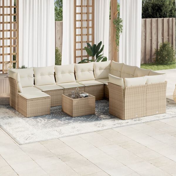 vidaXL 11-tlg. Garten-Sofagarnitur mit Kissen Beige Poly Rattan