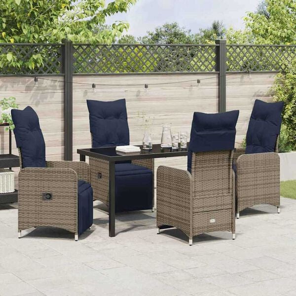 vidaXL Tisch- und Stuhlset mit Kissen 5 pcs Grau PE-Rattan