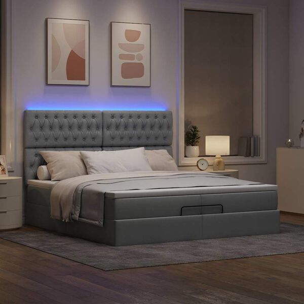 vidaXL Ottoman-Bett mit Matratzen & LEDs Hellgrau 200x200 cm Stoff