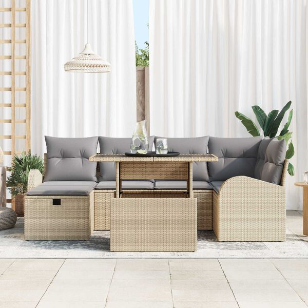 vidaXL Garten-Sofa-Set mit Kissen mit Speicher 7 pcs Beige Poly Rattan