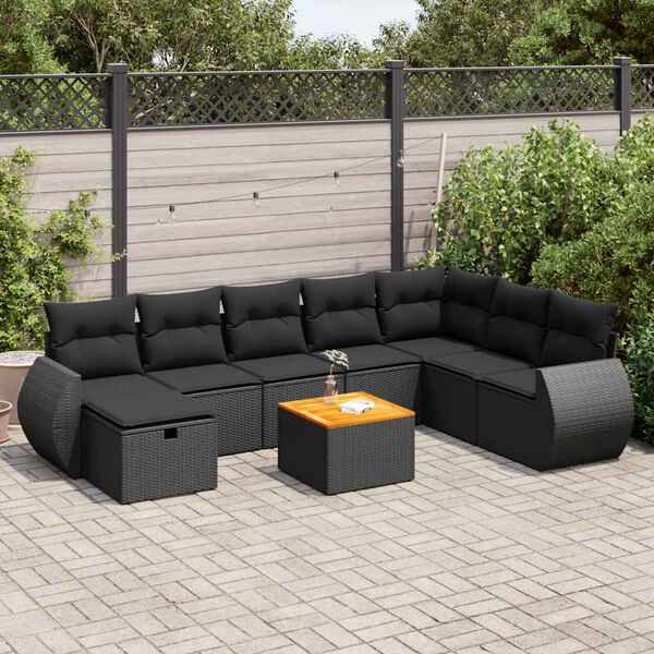 vidaXL 9-tlg. Garten-Sofagarnitur mit Kissen Schwarz Poly Rattan