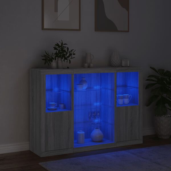 vidaXL Sideboards mit LED-Leuchten 3 Stk. Grau Sonoma Holzwerkstoff