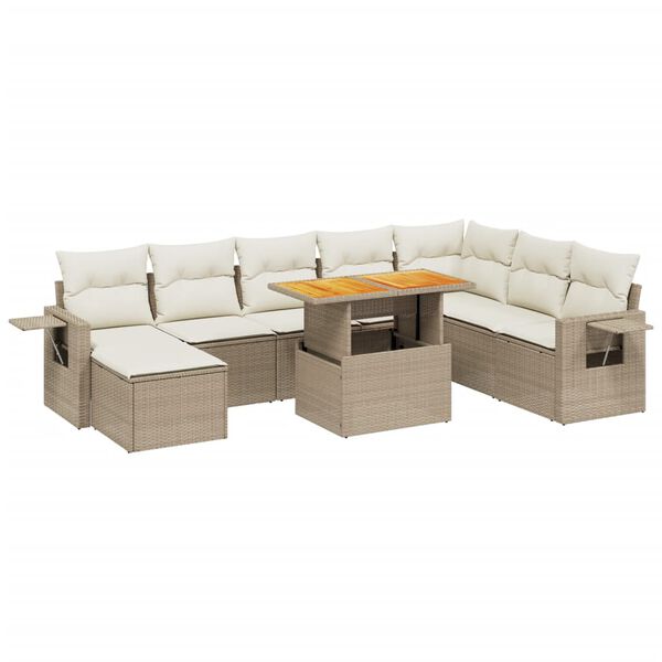 vidaXL 9-tlg. Garten-Sofagarnitur mit Kissen Beige Poly Rattan