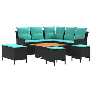 vidaXL M&ouml;belsets mit Kissen 7 pcs Schwarz und T&uuml;rkis PE-Rattan