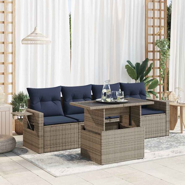 vidaXL 5tlg. Garten-Sofagarnitur mit Kissen Grau Poly Rattan