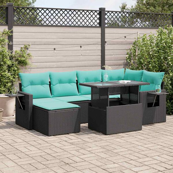vidaXL 7-tlg. Garten-Sofagarnitur mit Kissen Schwarz Poly Rattan