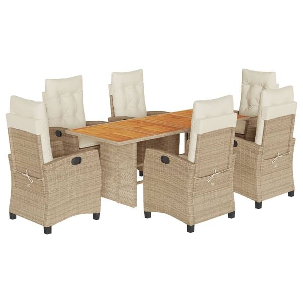 vidaXL 7-tlg. Garten-Essgruppe mit Kissen Beige Poly Rattan