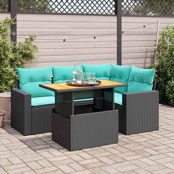 vidaXL 5-tlg. Garten-Sofagarnitur mit Kissen Schwarz Poly Rattan