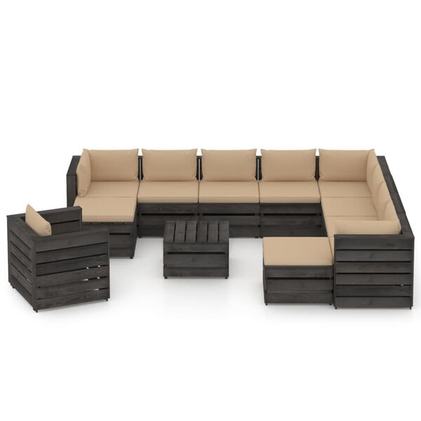 vidaXL 12-tlg. Garten-Lounge-Set mit Kissen Grau Impr&auml;gniertes Holz