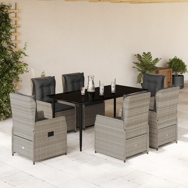vidaXL 7-tlg. Garten-Essgruppe mit Kissen Hellgrau Poly Rattan