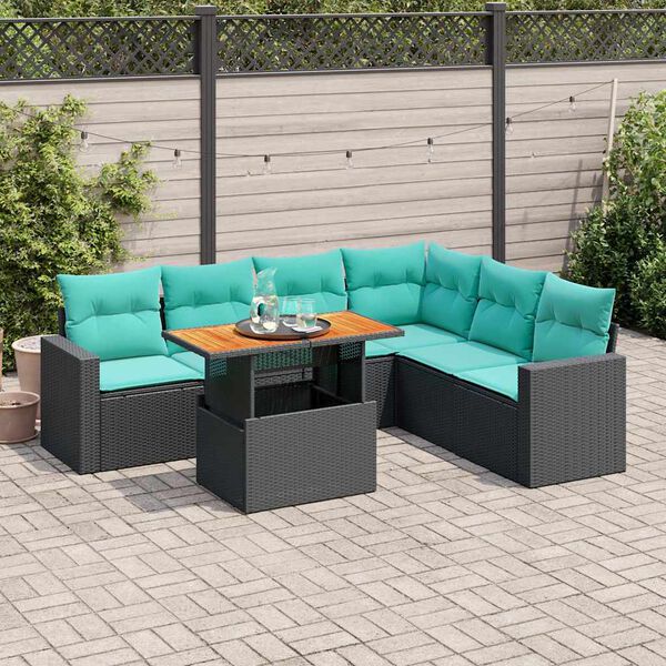 vidaXL 7-tlg. Garten-Sofagarnitur mit Kissen Schwarz Poly Rattan