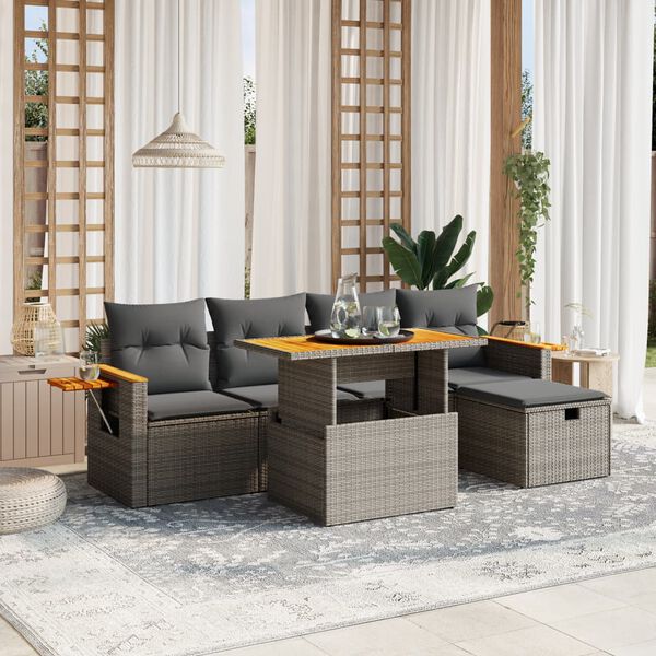 vidaXL 6-tlg. Garten-Sofagarnitur mit Kissen Grau Poly Rattan