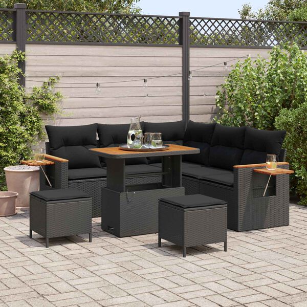 vidaXL Garten-Sofa-Set mit Kissen mit Speicher Schwarz Poly Rattan