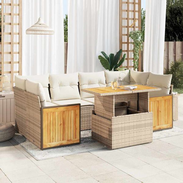 vidaXL 7-tlg. Garten-Sofagarnitur mit Kissen Beige Poly Rattan Akazie