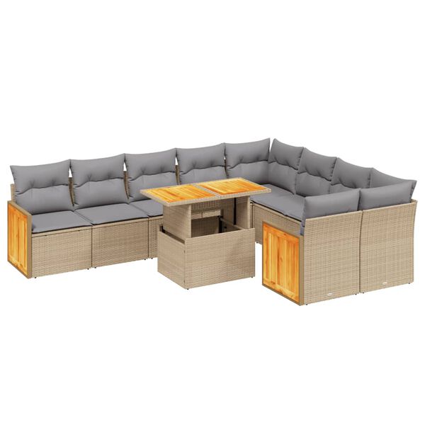 vidaXL 10-tlg. Garten-Sofagarnitur mit Kissen Beige Poly Rattan