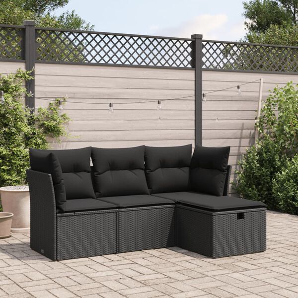 vidaXL 4-tlg. Garten-Sofagarnitur mit Kissen Schwarz Poly Rattan