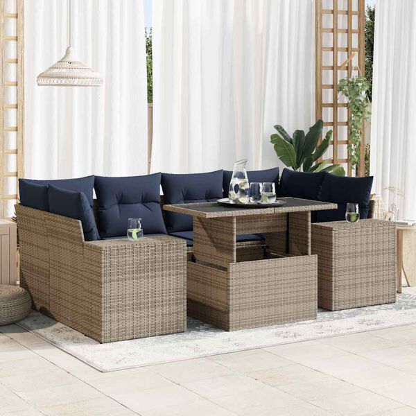 vidaXL 7-tlg. Garten-Sofagarnitur mit Kissen Grau Poly Rattan Akazie
