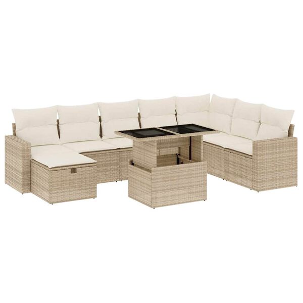 vidaXL 9-tlg. Garten-Sofagarnitur mit Kissen Beige Poly Rattan