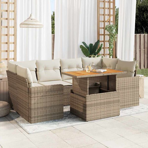 vidaXL 7-tlg. Garten-Sofagarnitur mit Kissen Beige Poly Rattan