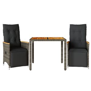 vidaXL 3-tlg. Garten-Bistro-Set mit Kissen Grau Poly Rattan