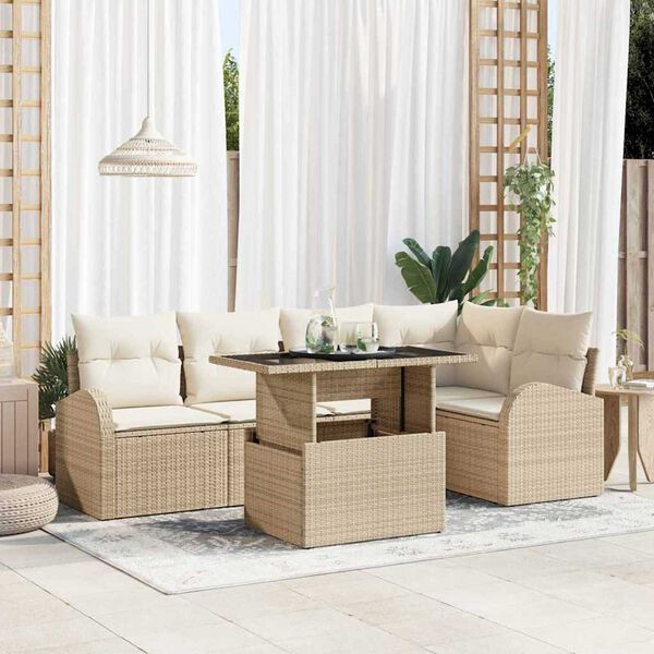 vidaXL Gartensofa-set mit Kissen mit Speicher 6 pcs Beige Poly Rattan