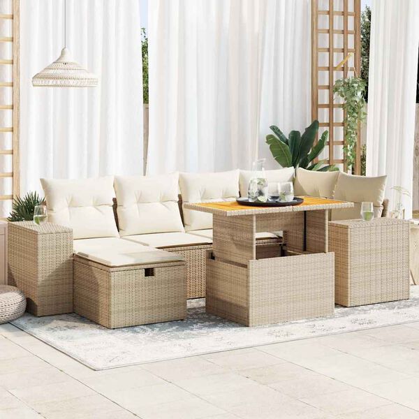 vidaXL 8-tlg. Garten-Sofagarnitur mit Kissen Beige Poly Rattan Akazie