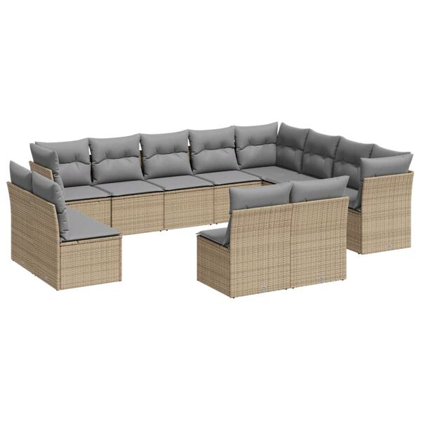 vidaXL 12-tlg. Garten-Sofagarnitur mit Kissen Beige Poly Rattan