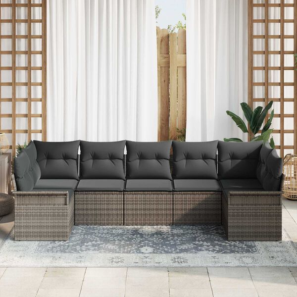 vidaXL Garten-Sofa-Set mit Kissen mit Speicher 7 pcs Grau Poly Rattan