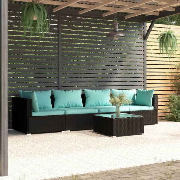 vidaXL 5-tlg. Garten-Lounge-Set mit Kissen Poly Rattan Schwarz