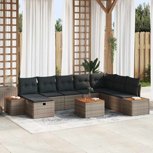 vidaXL Garten-Sofa-Set mit Kissen 9 pcs Grau Poly Rattan