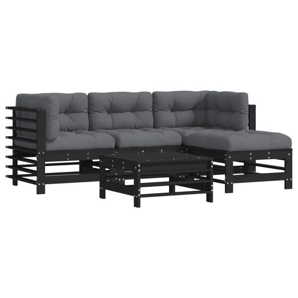 vidaXL 5-tlg. Garten-Lounge-Set mit Kissen Schwarz Massivholz