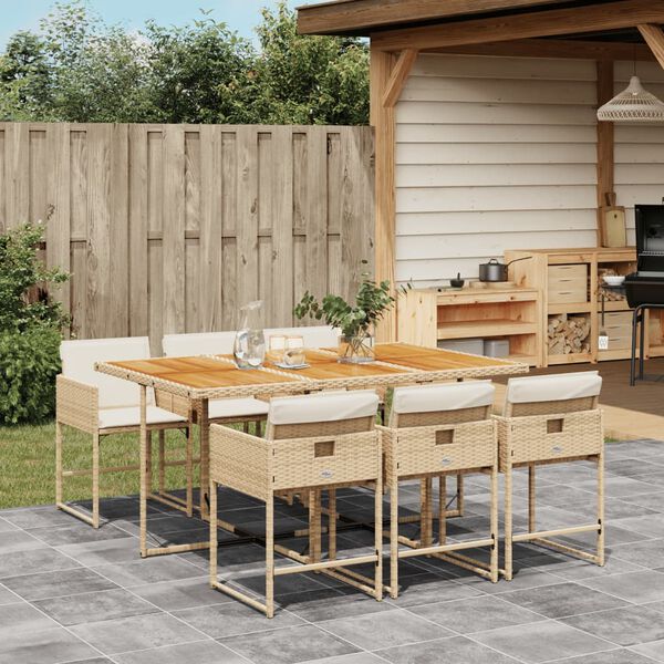 vidaXL 7-tlg. Garten-Essgruppe mit Kissen Beige Poly Rattan