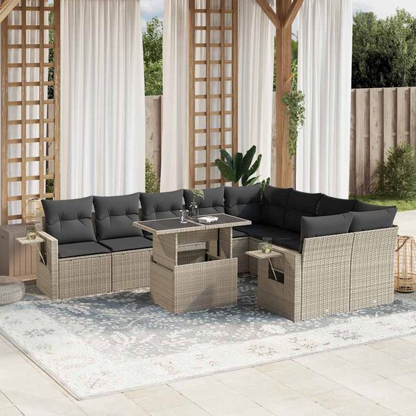 vidaXL 10-tlg. Garten-Sofagarnitur mit Kissen Hellgrau Poly Rattan