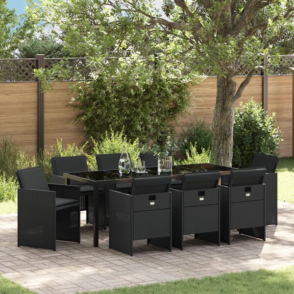 vidaXL Garten Essgruppe mit Kissen 9 pcs Schwarz Poly-Rattan
