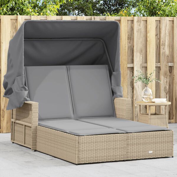 vidaXL Doppel-Sonnenliege mit Dach und Auflagen Beige Poly Rattan
