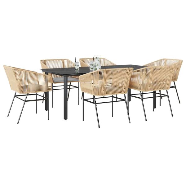 vidaXL 7-tlg. Garten-Essgruppe mit Kissen Braun Poly Rattan Glas