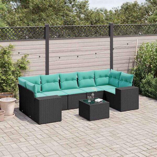 vidaXL 8-teiliges Gartensofa-Set mit Kissen, schwarzes Polyrattan