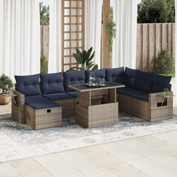 vidaXL 9-tlg. Garten-Sofagarnitur mit Kissen Grau Poly Rattan Akazie