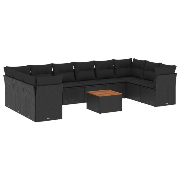 vidaXL 11-tlg. Garten-Sofagarnitur mit Kissen Schwarz Poly Rattan